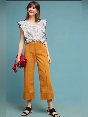 anthropologie camel chino wide leg seamed front cotton
